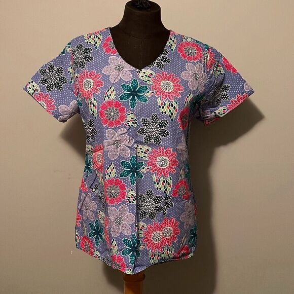 Zoe + Chloe Women's Multicolor Floral Print V-Neck Short Sleeve Scrub Top - Picture 1 of 7